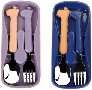 FUNNUO Stainless Steel Kids Cartoon Cutlery Set With Portable Case, Kid Spoon and Fork Set, Safe Toddler Utensil Set for Children Self-Feeding (2, BLue and Purple)