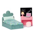 LUNDBY Dolls House Furniture Teen Bedroom – Doll Bed + Desk + Stool + LED Lamp + Laptop – Doll House Accessories for Mini Dolls 11 cm, Age 4+ Scale 1:18