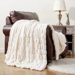 BATTILO HOME Faux Rabbit Fur Throw Blanket, Cream Throw for Sofa, Double Side Luxury Plush Fuzzy Soft Warm Cozy Fluffy Fur Blanket for Bed Couch, 127x152cm