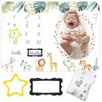 Baby Milestone Blanket for Boys Girls, Monthly Fleece Blanket Large Animal Printed Growth Soft Comfortable Blankets with 2 Felt Photo Frame 40x55 Inches