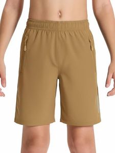 DEVOROPA Youth Boys Athletic Running Shorts Lightweight Quick Dry Sports Workout Gym Hiking Shorts Zip Pockets UPF 50+ Khaki XS