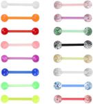 Glow in the Dark Tongue Bars, 16 mm Acrylic Glitter Body Piercing Flexible Tongue Barbells, Plastic Small Nipple Piercing Bars, Multi-Color Tongue Bars Jewellery for Women Men (16 Pcs)