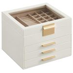 SONGMICS Jewellery Box with Glass Lid, 4-Layer Jewellery Organiser with 3 Drawers, Jewellery Storage, Plenty of Storage, Modern, Gift Idea, 20.3 x 23.1 x 16.5 cm, Cloud White and Gold JBC173W01