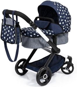 Bayer Baby Dolls Pram XEO - Convertible Doll Pushchair, Carrycot & Changing Bag - Stroller with Adjustable Handle Height for Girls, Tall Dolls Pram for 6+, 3-5 Year Olds - Navy Blue, White Stars