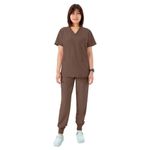 Cordz Scrubs for Women Set 4-Way Medical Scrub Top V-Neck and Yoga Jogger Pants Scrub Set Nursing Uniform (Downtown Brown, S-Petite)