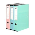 Box File Laminated Pastel Colour Foolscap, Lockspring, Ring Pull & Catch, 75mm Spine, Assorted Box of 3, Pastel Pink, Pastel Blue & Pastel Green