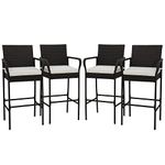 HAPPYGRILL Wicker Bar Stools Set of 4, Bar Chairs with Armrests, Footrests, Seat Cushions, Outdoor High Back Bar Stools for Patio Balcony Poolside