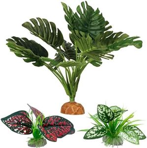 Moonorange Reptile Artificial Plants, Terrarium Plants Decorations Supplies, Aquarium Fish Tank Plant, Amphibian Habitat Hideout Tank Accessories(L Set-3pcs/A)