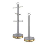 Tower T826092GRY Empire Mug Tree and Towel Pole Set, Stainless Steel, Anti-Slip, Grey and Brass