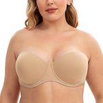 CASOLACE Women's Back Smoothing Plus Size Underwire Bandeau Strapless Bra Almond 32C