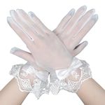 White Lace Gloves for Women with Bow Short Tulle Gloves Sheer White Gloves Fancy Dress Wrist Bridal Gloves for Wedding Prom Halloween Cosplay Tea Party