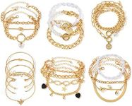 IFKM 6 PACK (22 PCS) Gold Chain Bracelets Set for Women, 14K Gold Plated Multiple Layered Stackable Open Cuff Wrap Bangle Bracelet Adjustable Link Italian Cuban Jewelry for Women Gift