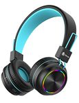 iClever BTH03 Kids Bluetooth Headphones, Colorful LED Lights Kids Wireless Headphones with MIC, 25H Playtime, Stereo Sound&Bluetooth 5.0, Children Headphone on Ear for Study Tablet School, Black/Green