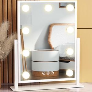 Vanity Mirror with Lights, Lighted Makeup Mirror Hollywood Makeup Mirror with 9 Dimmable Bulbs and 3 Color Lighting Modes, Smart Touch Control, 360°Rotation