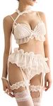 TOMORI Womens Sexy Cosplay Lingerie Set Ruffle Baby Doll Teddy Outfit Bra an Pantie Nightie with Choker (White), White, Medium