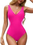 BMJL Women's One Piece Swimsuit Slimming Tummy Control Bathing Suit Deep V Neck Color Block Lace Up Back Swimwear(S,Hot Pink)