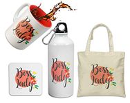 Morons [ 4 in 1 Combo - The Boss Lady Merchandise | Printed Chilled Out Girl Boss Coffee Mug, Sipper Bottle, Coaster, Tote Bag | She Boss Merchandise Birthday Gift; Pack of 4