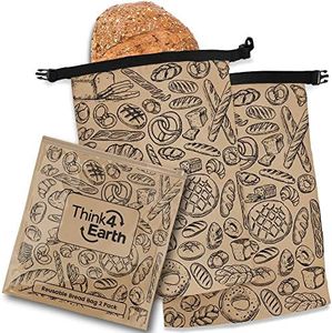 THINK4EARTH - 2 Packs Bread Bags, Bread Bags for Homemade Bread Loaf, Freezer Bread Storage Bag, Bread Container, Reusable Food Storage Bag, Large Bread Bags for Homemade Bread with Double Lining. (Brown)