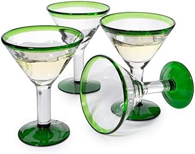 Mexican Hand Blown Martini & Margarita Glasses - Green Rim Detailed - Set of 4-10oz - Carmen Cinco de Mayo - Luxury Mexican Glassware Thick, Juice & Cocktail For Holidays & Celebration Confetti