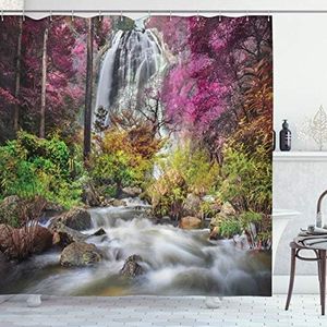 Ambesonne Waterfall Decor Collection, Colorful Forest Bush Feigned Stream Trees Grass Photography, Polyester Fabric Bathroom Shower Curtain Set with Hooks, Magenta Green Ivory