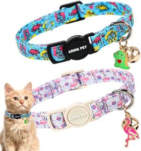 ARING PET 2 Pack Cat Collars with Bell, Cute Summer Soft Cotton Kitten Kitty Breakaway Cat Collars for Boy Girl Cats-Dinosaur & Flamingo