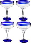 The Wine Savant Mexican Hand Blown Glass - Set of 4 Large 16oz, Cobalt Blue Rim Line, Luxury Margarita & Cocktail Glasses, Mexico Design Large 16oz Cobalt Cinco de Mayo -, Dishwasher Safe Glassware