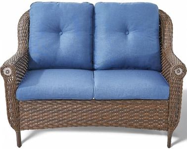 ACTREST Patio Loveseat Outdoor Wicker Sofa - Heavy Duty All-Weather Brown Rattan 2-Person Sofas with High Back and Comfortable Thick Cushions for Garden Back Porch Poolside Apartment - Navy Blue