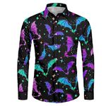 Dolyues Bat Star Button-Down Shirt for Men Halloween Long Sleeve Dress Shirts Green Purple Blue Galaxy Tops Street Casual Blouse