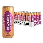 Boost Energy Drink Fruit Punch Flavour, 250ml x 24 pack, Vegan Friendly Great Tasting Energy Boost, Only 50 kcals per can, Gluten Free Taurine Carbonated Drink with B Vitamins and Caffeine