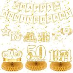 50th Anniversary Decorations White Gold Happy 50th Anniversary Banner, 50th Anniversary Hanging Swirls and 50th Anniversary Honeycomb Centerpiece for Vintage 1974 Golden Wedding Anniversary Decor