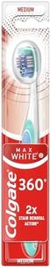 Colgate Max White 360 Cepillo de Dientes Dureza Media, 1 Ud, Blanquea los Dientes, Elimina Manchas, Limpia Zonas de Difícil Acceso, Limpiador de Lengua y Mejillas, Elimina el Mal Aliento
