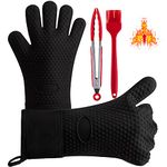 Boxalls Grilling Gloves Kit, Heat Resistant Silicone Oven Gloves with Grill Tong & Brush, BBQ Silicone Gloves Set for Grilling, Cooking, Baking and Kitchen (Black)