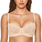 DOBREVA Women's Lace Balconette Bra Half Cup Non Padded Push Up Underwire Sheer Bras Beige 34C