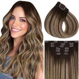 Vivien 30 cm Clip-In Real Hair Extensions Balayage Ombre Dark Brown with Caramel Blonde Clip in Remy Real Hair Brown Double Wefts Straight Extensions Clip in Hair 70 g / 7 Pieces