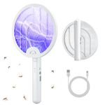 VLISBO Electric Fly Swatter 4000V 2 in 1 Bug Zapper Racket Fly Killer Mosquitoes Trap Lamp Rechargeable with 1200mAh Battery for Indoor Home Office Backyard Patio Camping (1 Pack)-White