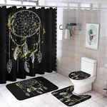 Native American Dreamcatcher 4 Piece Shower Curtain Sets,Abstract Boho Style Gold Foil Design Dream Catcher Non-Slip Rugs,Toilet Lid Cover and Bath Mat,Durable and Waterproof,for Bathroom Decor Set