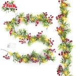 2 Pack Christmas Garland String Lights, 5.9Ft Long with Red Berries Green Leaves 20 LED Lights for Xmas Tree Decor Thanksgiving New Year Party Decoration, Battery Operated