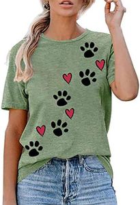 Dog Paw Love Heart Print T-Shirt for Women Short Sleeve Dog Mom Graphic Tees Tops Crewneck Shirts, Short Sleeve Pawsl Green, Large