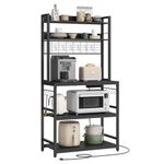 VASAGLE Bakers Rack with Power Outlet, 14 Hooks Microwave Stand, Adjustable Coffee Bar with Metal Wire Panel, Kitchen Storage Shelf, 15.7 x 31.5 x 66.9 Inches, Charcoal Gray and Ink Black UKKS025B22