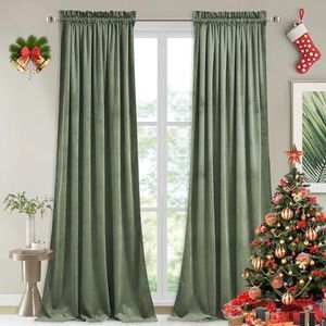 StangH Sage Green Velvet Curtains - Rod Pocket Room Darkening Curtain Panels Heritage Plush Heat Insulation Drapes for Nursery / Bedroom / Living Room, W52 x L84, 2 Panels