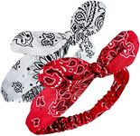 2 Pieces Bandana Headband for Women, Knot Retro Print Headbands Paisley Print Headband Headwrap Adjustable Headwrap(Red, White)