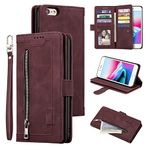 UEEBAI Mobile Phone Case for iPhone 6 Plus, 6S Plus, Vintage Zip, PU (polyurethane) Leather, Silicone Bumper, 9 Card Slots, Stand Function, Lanyard, Protective Flip Wallet Case - Wine Red