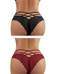 FULLJOYLOVE Comfort Knickers for Women Valentine's Day Sexy Thongs Lace Hipster Panties Plus Size Briefs Smooth Underwear Black Red 2 Pack