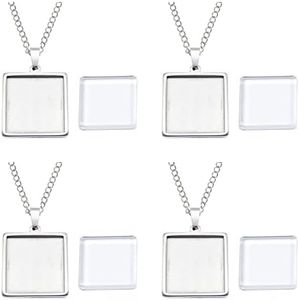 Julie Wang 25mm 10 sets Square Stainless Steel Resin Tray Bezels Base Settings Charms Pendant Set with Chain Necklace Glass Cabochon Jewelry Making Craft Accessory, Stainless Steel, No Gemstone
