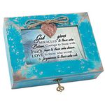 Cottage Garden Miracles Believe Faith Love Teal Distressed Wood Locket Music Box Plays Amazing Grace