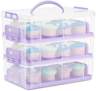 Flexzion Cupcake Carrier Holder Container Box (36 Slot, 3 Tier) - 36 Cupcakes Slot or 3 Large Cakes Pastry Clear Plastic Storage Basket Taker Courier with 3 Tier Stackable Layer Insert (Purple)