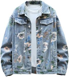 GMOYD Mens Floral Print Denim Jacket Couple Oversized Jean Coat Unisex Basic Jacket, Blue, X-Large