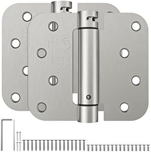 HOSOM Self Closing Door Hinges, Spring Loaded Hinges 4 Inch, Adjustable Tension for Garage, Front Door, Back Door, UL Listed, for Left and Right Hand Door, 5/8'' Radius Corners, Brushed Nickel, 2 Pack