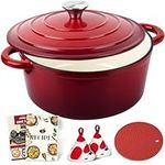 Overmont 5L Enamelled Cast Iron Round Casserole Dish With Lid,26cm, Cookbook -Non-stick Dutch Oven for Braising, Stews, Roasting, Bread Baking