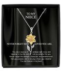 To my niece from aunt uncle gold sunflower necklace Light and love message card, I love you necklace for niece gifts from auntie 925 Sterling Silver sunflower jewelry, 14K gold pendant charm for women, Sterling Silver, Cubic Zirconia